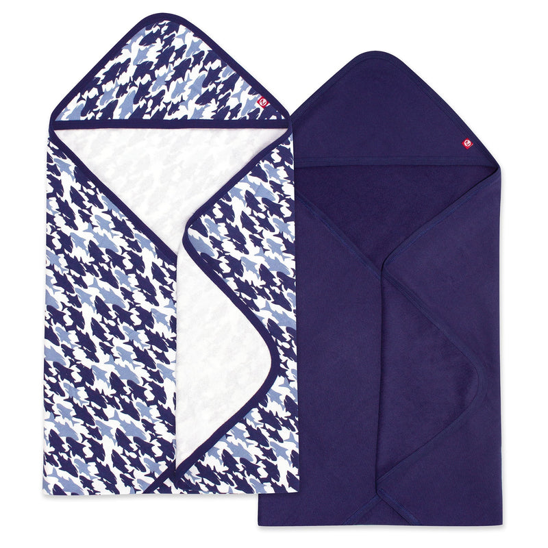 Zutano baby Hooded Towel Sharks Organic Cotton Knit Terry Hooded Towel 2 Pack - Navy Multi
